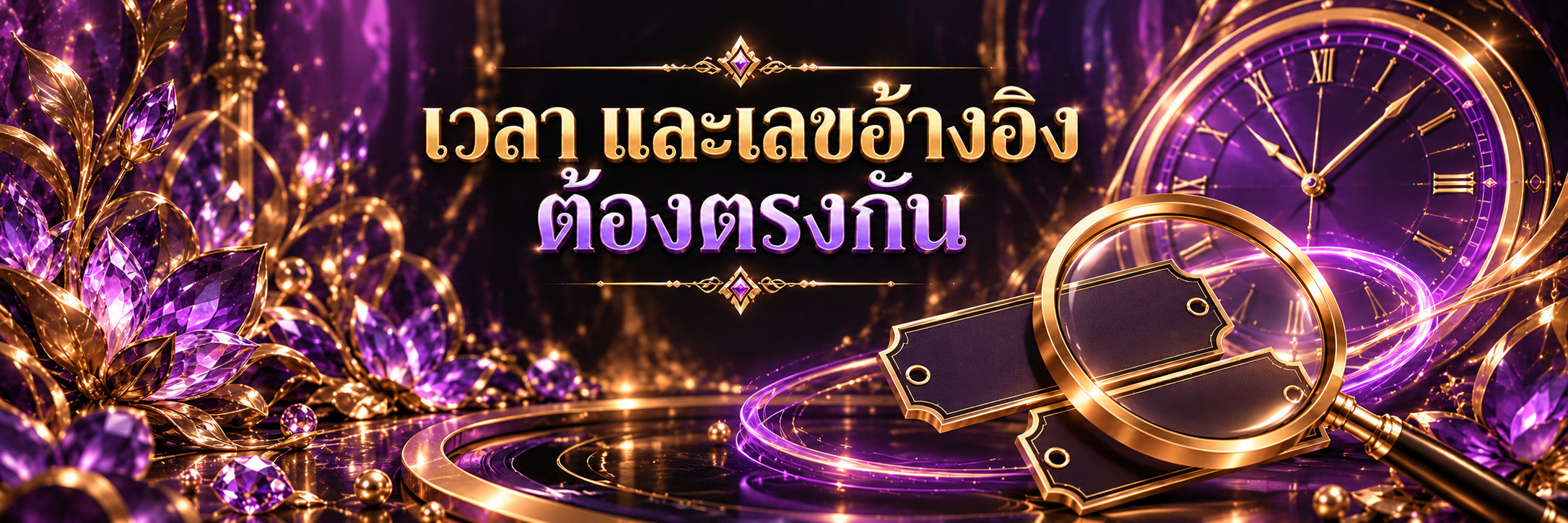 แว่นขยายทองกับแท็กอ้างอิงว่างและวงนาฬิกาม่วง